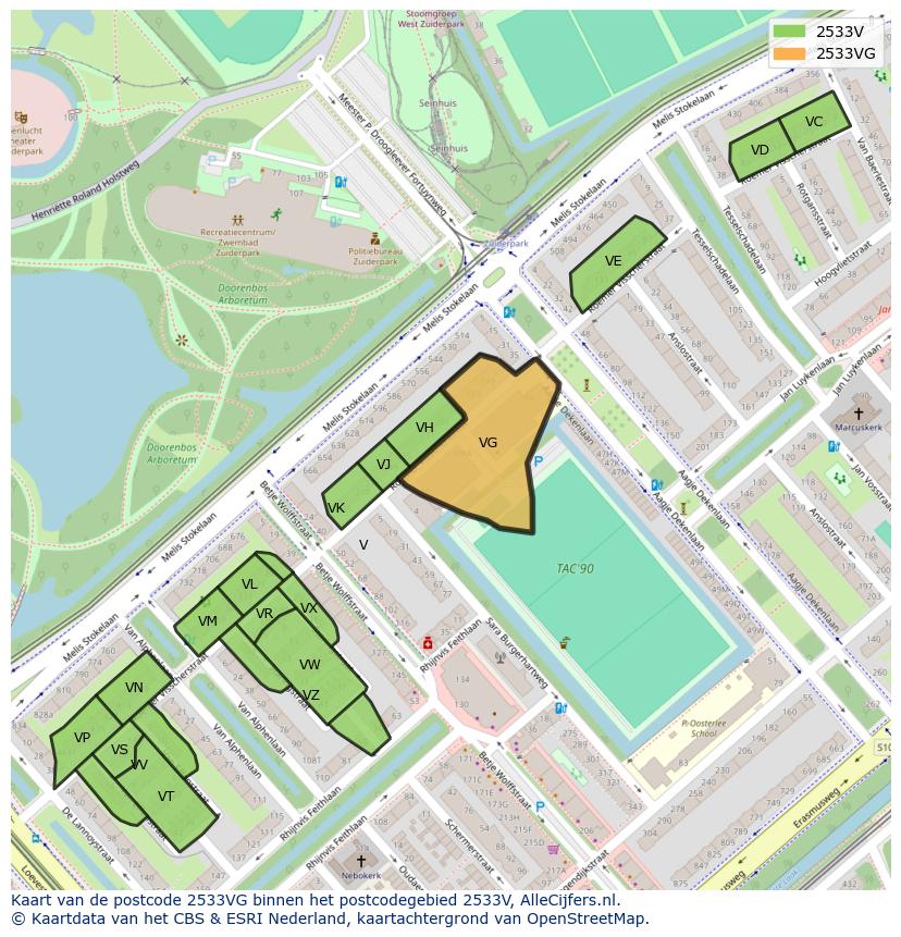 Afbeelding van het postcodegebied 2533 VG op de kaart.