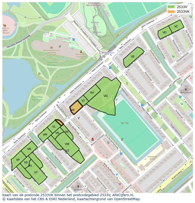 Afbeelding van het postcodegebied 2533 VK op de kaart.