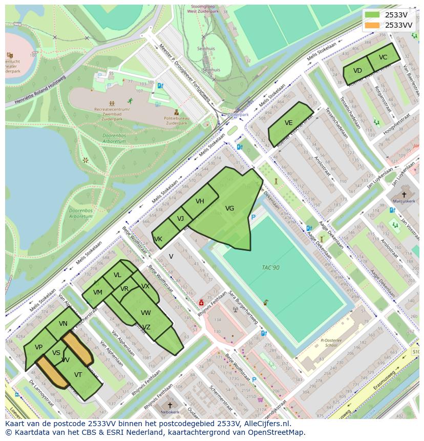 Afbeelding van het postcodegebied 2533 VV op de kaart.