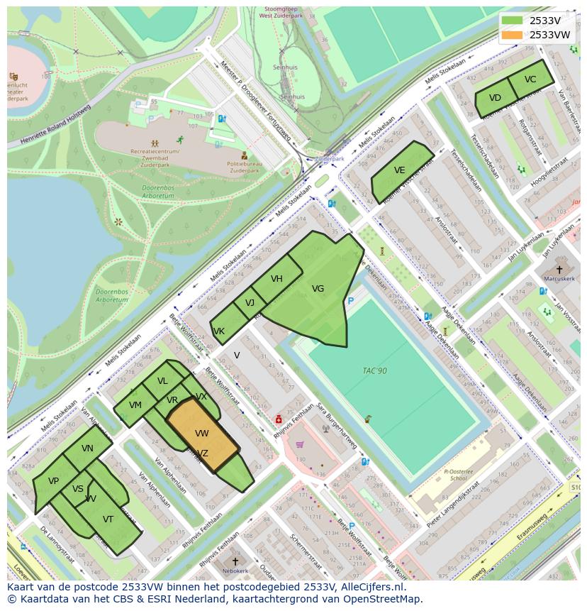 Afbeelding van het postcodegebied 2533 VW op de kaart.