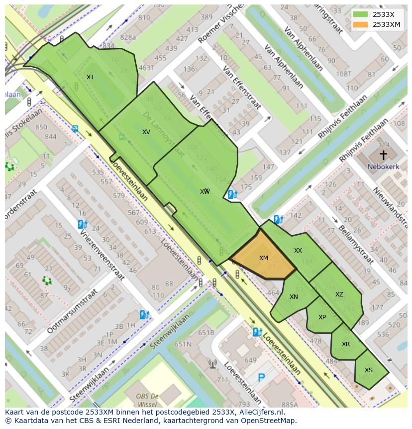 Afbeelding van het postcodegebied 2533 XM op de kaart.