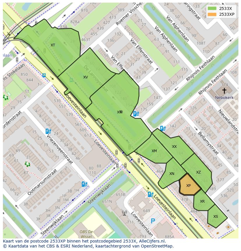 Afbeelding van het postcodegebied 2533 XP op de kaart.