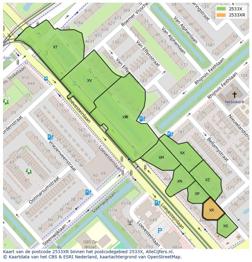 Afbeelding van het postcodegebied 2533 XR op de kaart.