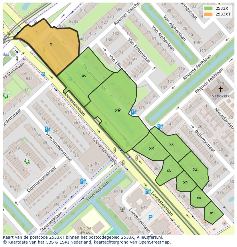 Afbeelding van het postcodegebied 2533 XT op de kaart.