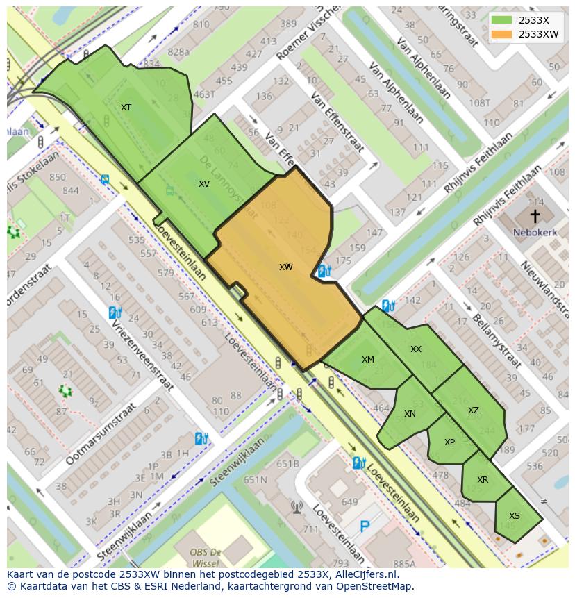 Afbeelding van het postcodegebied 2533 XW op de kaart.