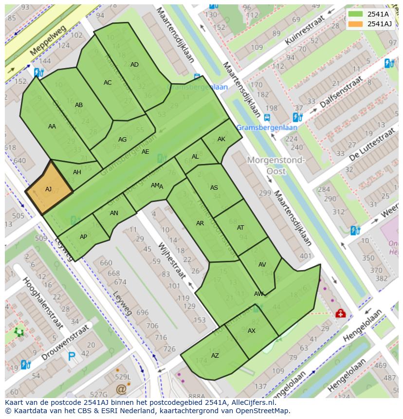 Afbeelding van het postcodegebied 2541 AJ op de kaart.
