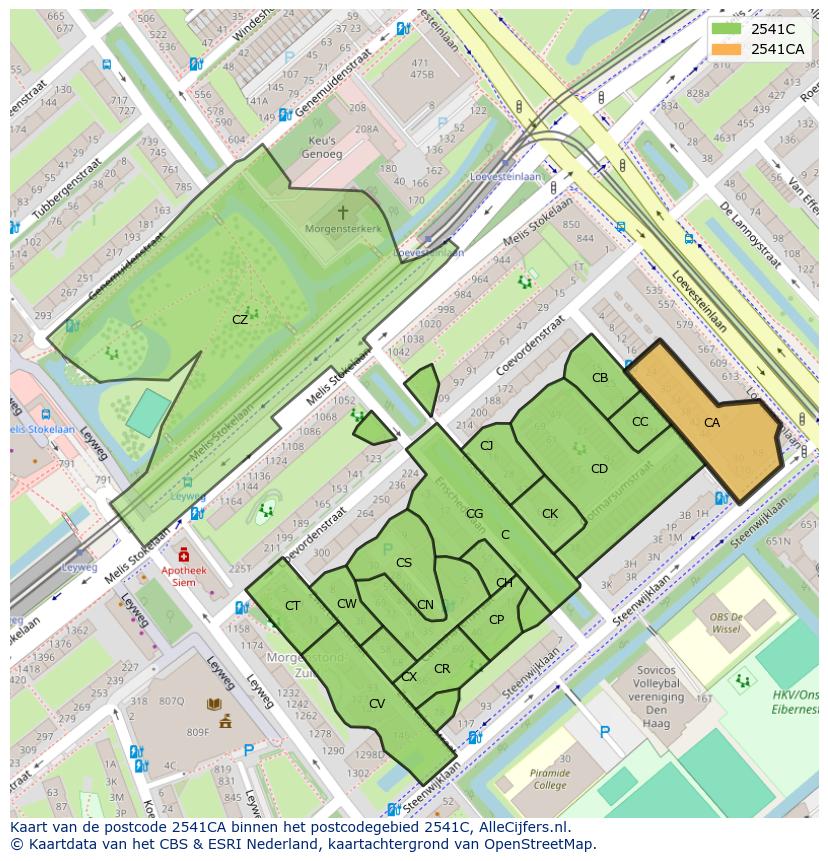 Afbeelding van het postcodegebied 2541 CA op de kaart.