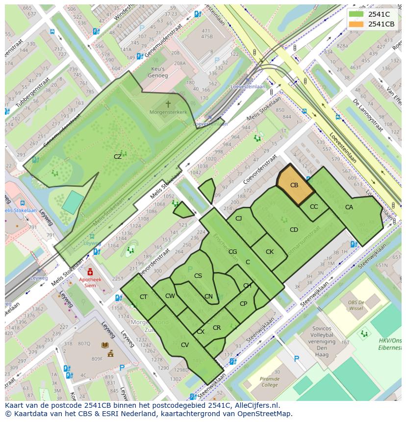 Afbeelding van het postcodegebied 2541 CB op de kaart.