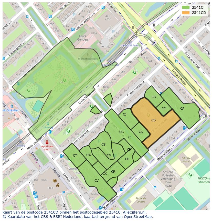 Afbeelding van het postcodegebied 2541 CD op de kaart.
