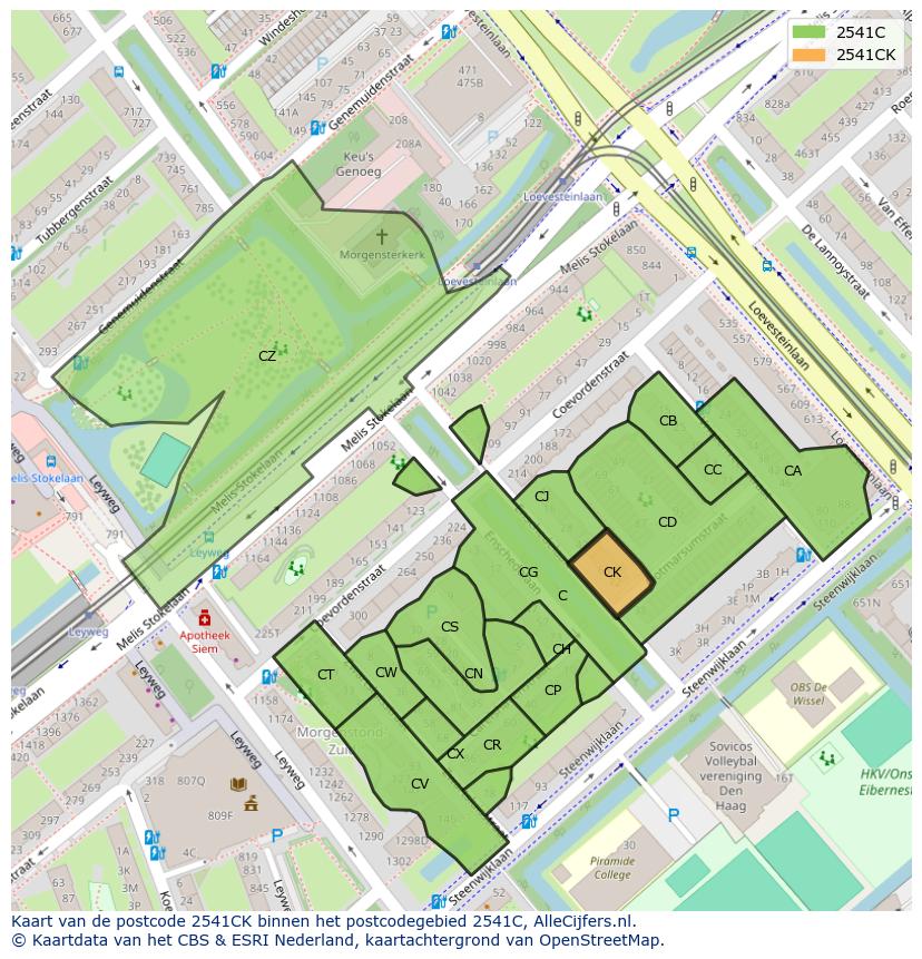 Afbeelding van het postcodegebied 2541 CK op de kaart.