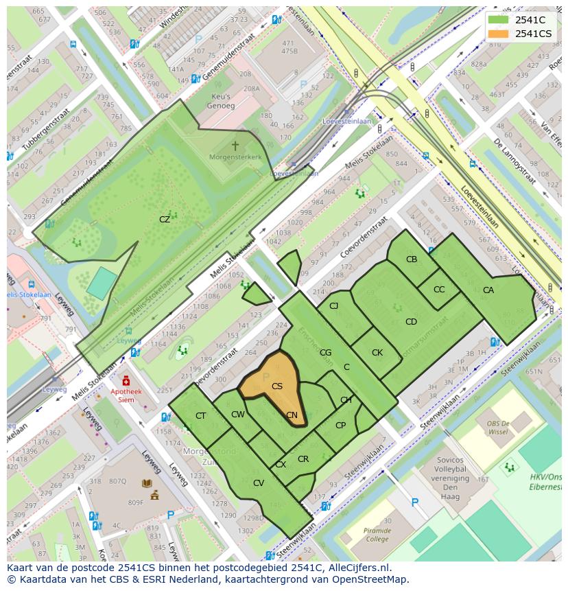 Afbeelding van het postcodegebied 2541 CS op de kaart.
