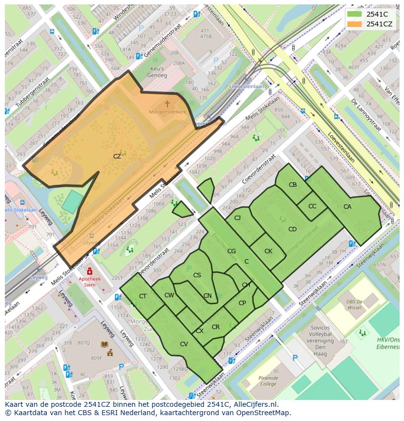 Afbeelding van het postcodegebied 2541 CZ op de kaart.