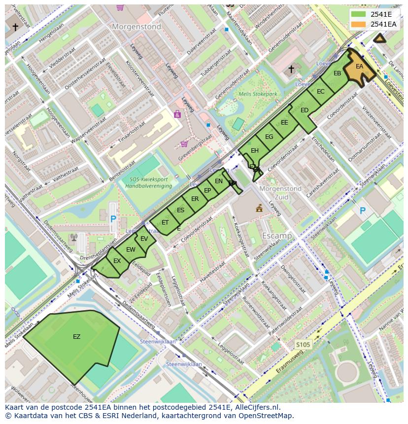 Afbeelding van het postcodegebied 2541 EA op de kaart.