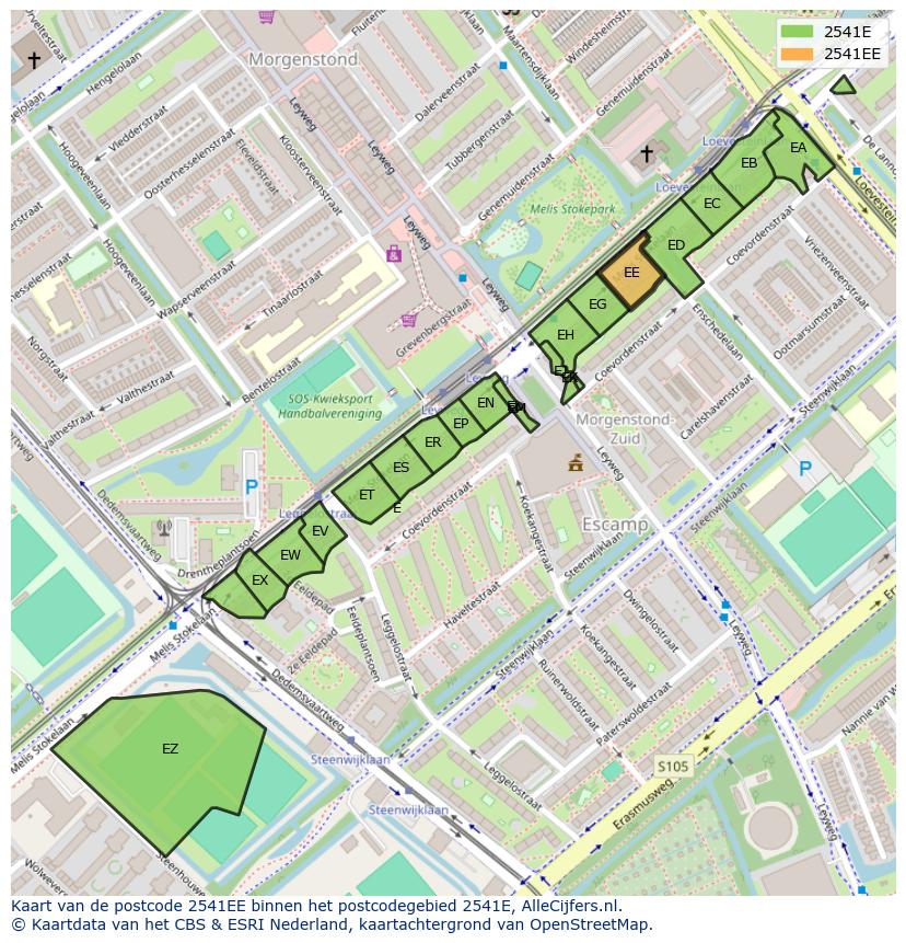 Afbeelding van het postcodegebied 2541 EE op de kaart.