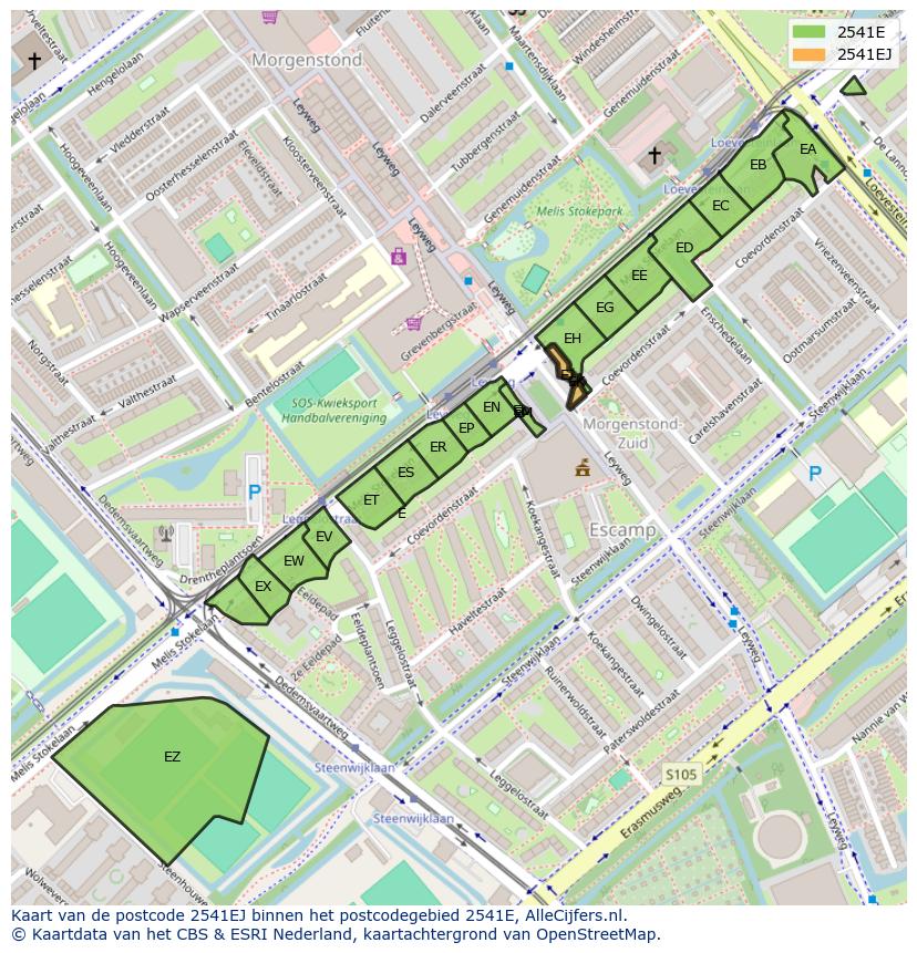 Afbeelding van het postcodegebied 2541 EJ op de kaart.