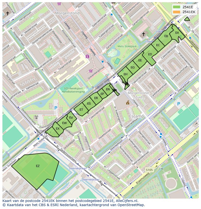 Afbeelding van het postcodegebied 2541 EK op de kaart.