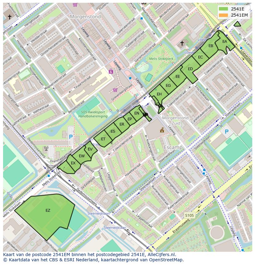 Afbeelding van het postcodegebied 2541 EM op de kaart.