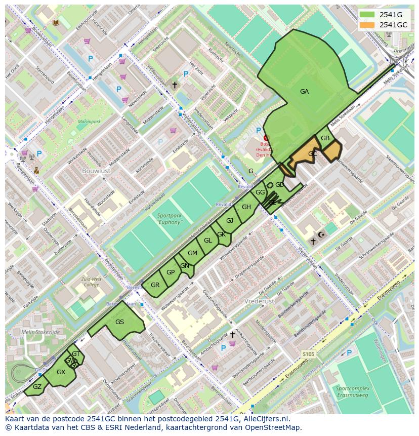 Afbeelding van het postcodegebied 2541 GC op de kaart.
