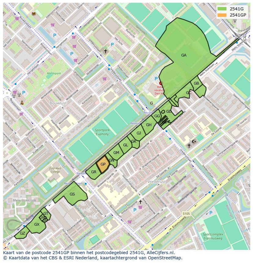 Afbeelding van het postcodegebied 2541 GP op de kaart.