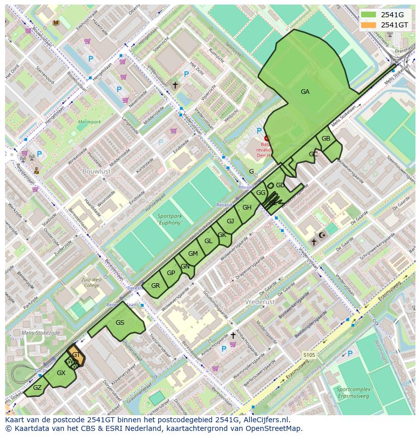 Afbeelding van het postcodegebied 2541 GT op de kaart.