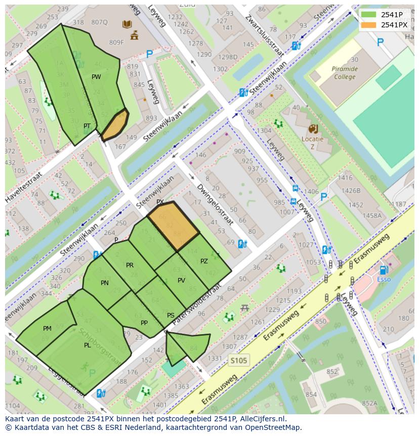 Afbeelding van het postcodegebied 2541 PX op de kaart.