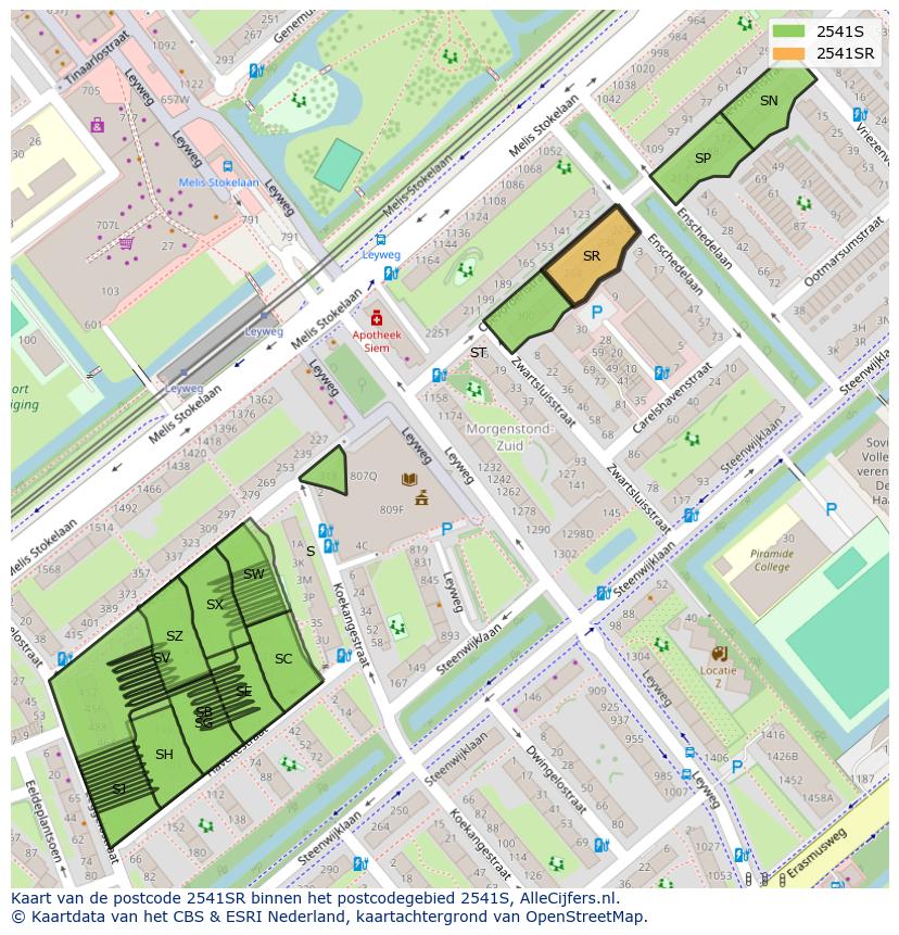 Afbeelding van het postcodegebied 2541 SR op de kaart.