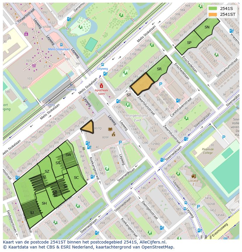 Afbeelding van het postcodegebied 2541 ST op de kaart.
