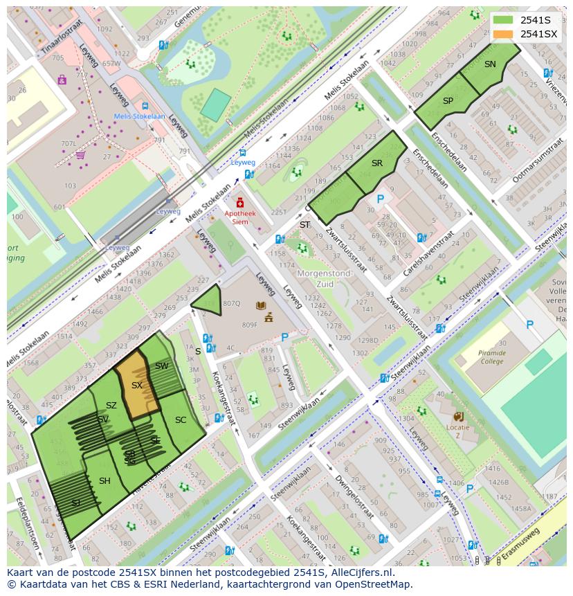 Afbeelding van het postcodegebied 2541 SX op de kaart.
