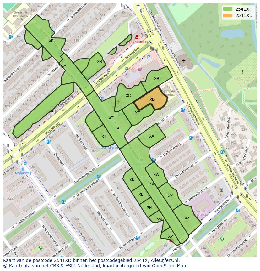 Afbeelding van het postcodegebied 2541 XD op de kaart.