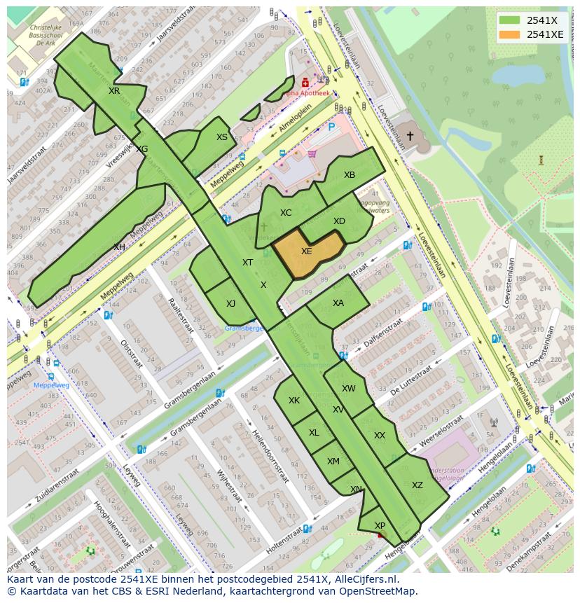 Afbeelding van het postcodegebied 2541 XE op de kaart.