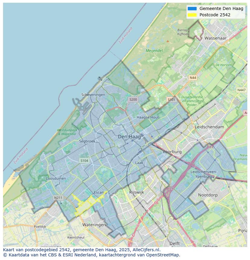 Afbeelding van het postcodegebied 2542 op de kaart.