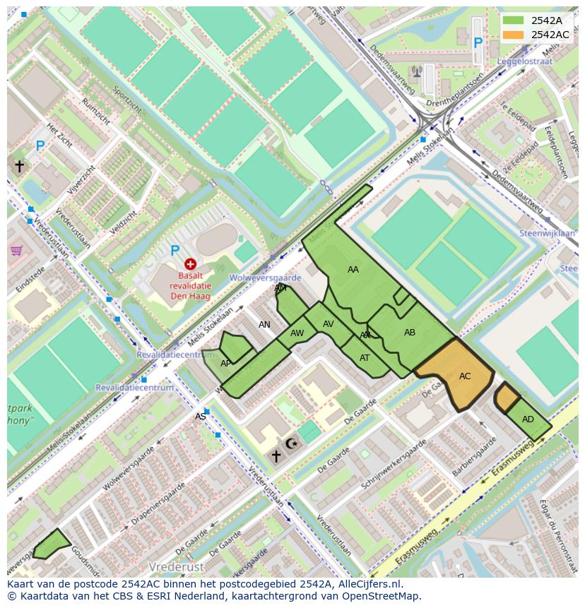 Afbeelding van het postcodegebied 2542 AC op de kaart.