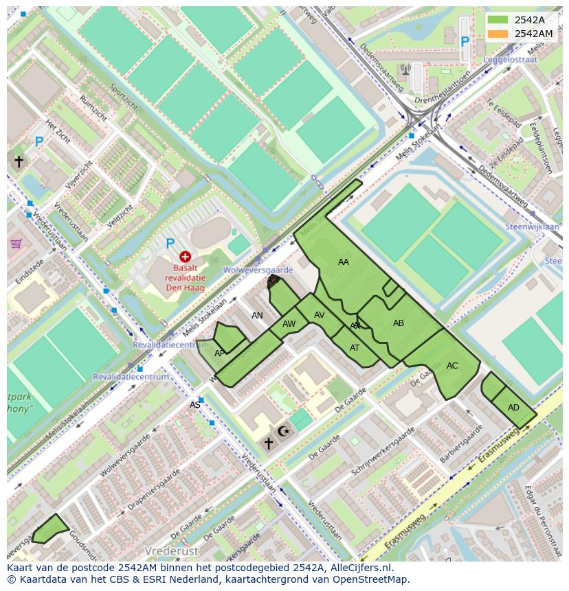 Afbeelding van het postcodegebied 2542 AM op de kaart.
