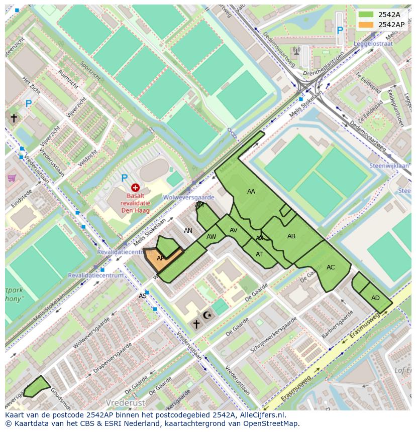 Afbeelding van het postcodegebied 2542 AP op de kaart.