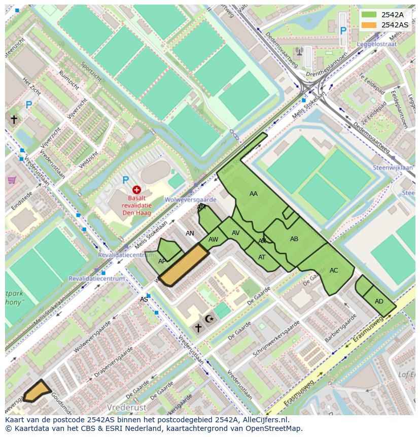 Afbeelding van het postcodegebied 2542 AS op de kaart.