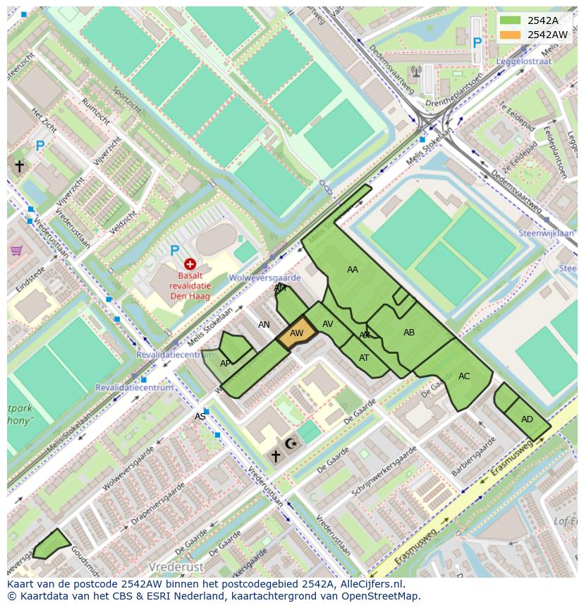 Afbeelding van het postcodegebied 2542 AW op de kaart.