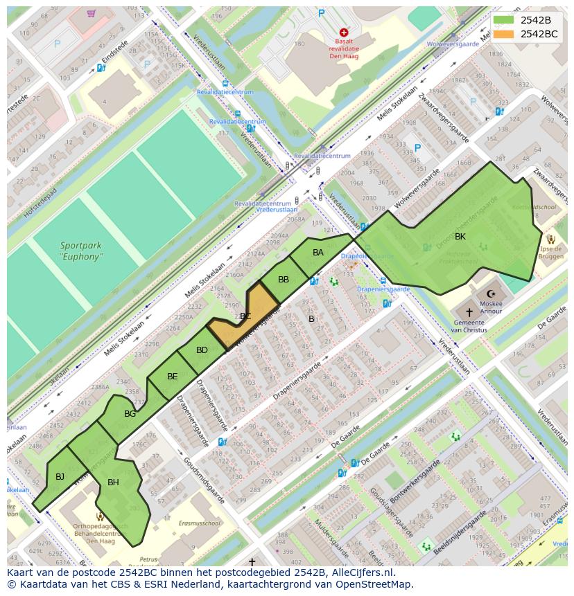 Afbeelding van het postcodegebied 2542 BC op de kaart.