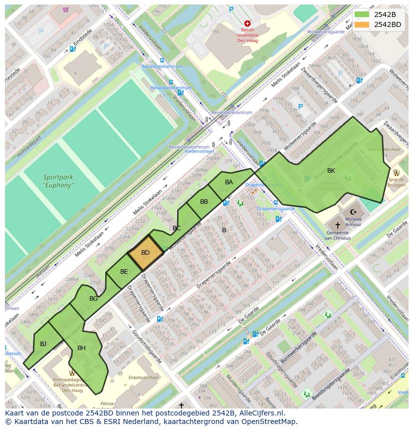 Afbeelding van het postcodegebied 2542 BD op de kaart.