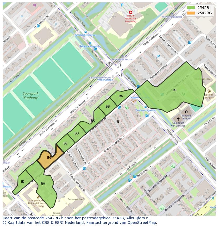 Afbeelding van het postcodegebied 2542 BG op de kaart.