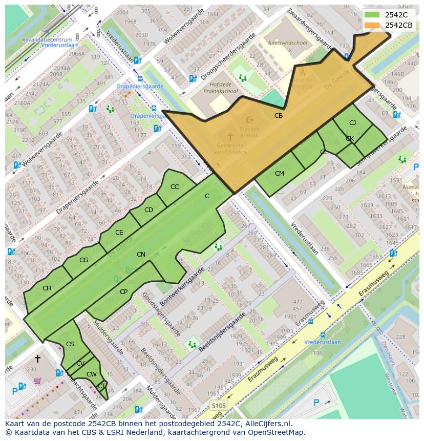 Afbeelding van het postcodegebied 2542 CB op de kaart.