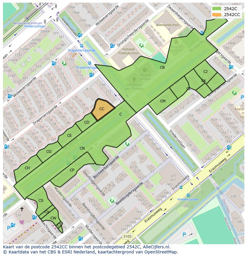 Afbeelding van het postcodegebied 2542 CC op de kaart.