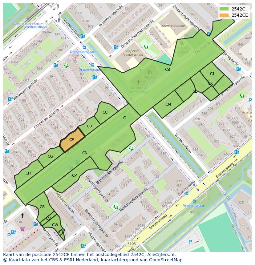 Afbeelding van het postcodegebied 2542 CE op de kaart.