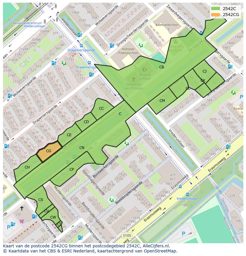 Afbeelding van het postcodegebied 2542 CG op de kaart.