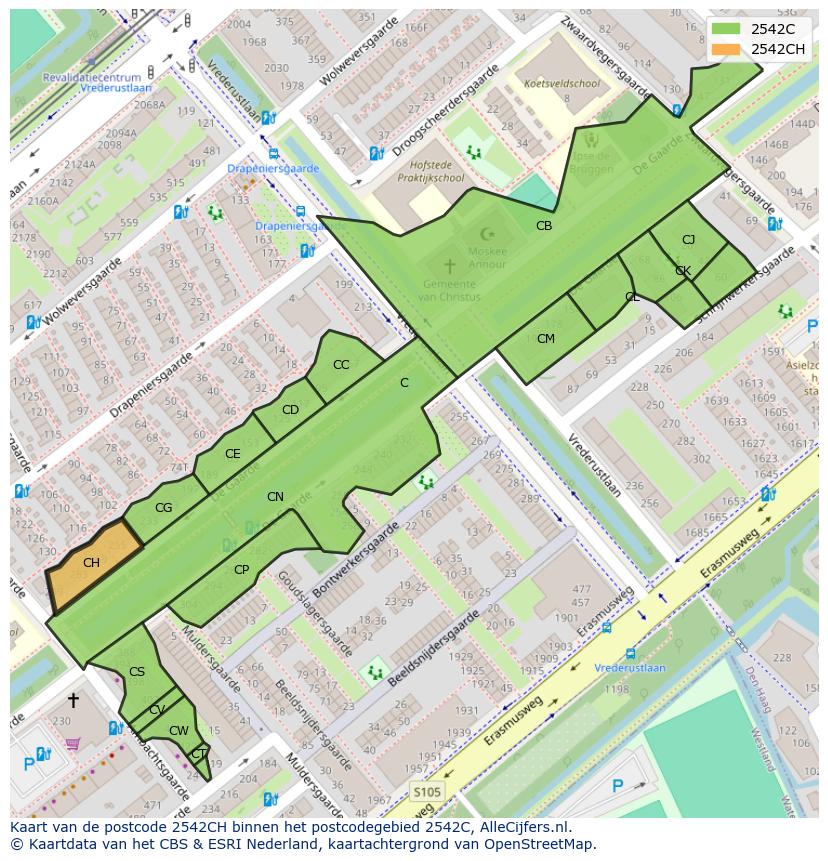 Afbeelding van het postcodegebied 2542 CH op de kaart.