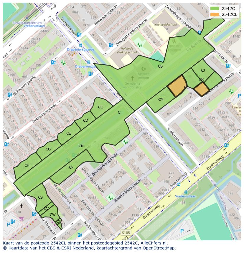 Afbeelding van het postcodegebied 2542 CL op de kaart.