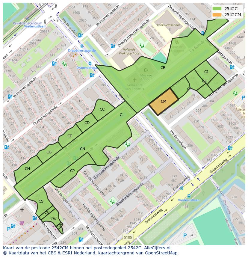 Afbeelding van het postcodegebied 2542 CM op de kaart.