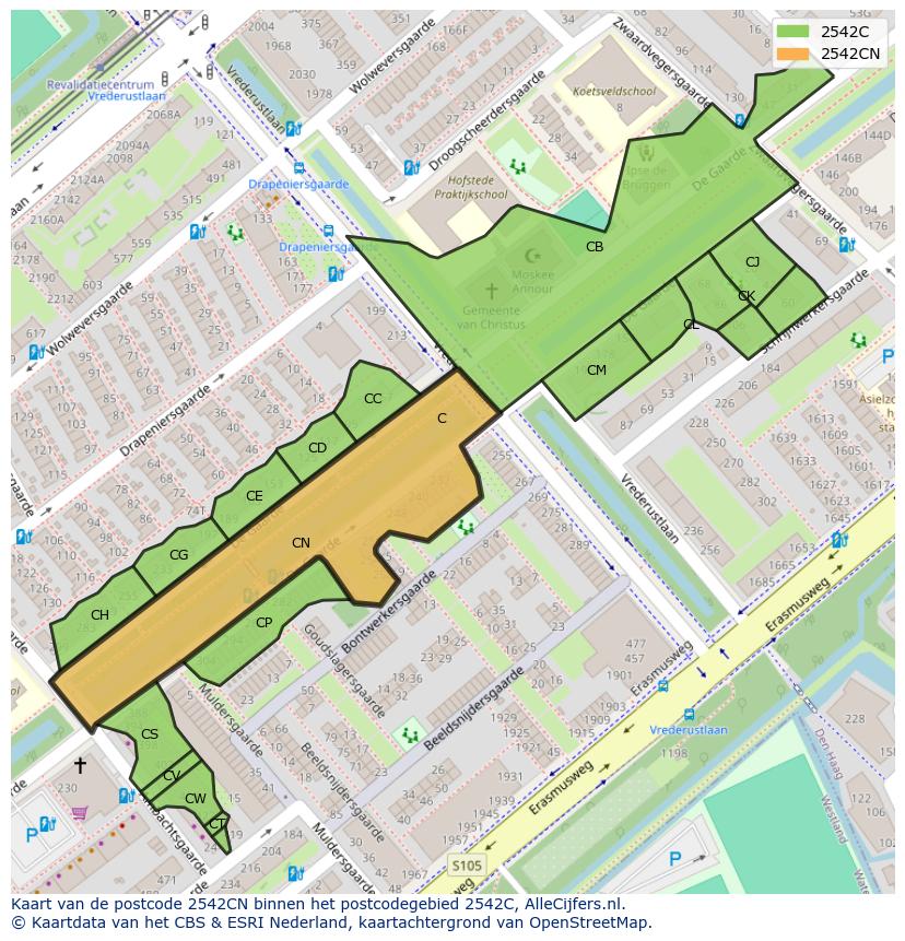 Afbeelding van het postcodegebied 2542 CN op de kaart.