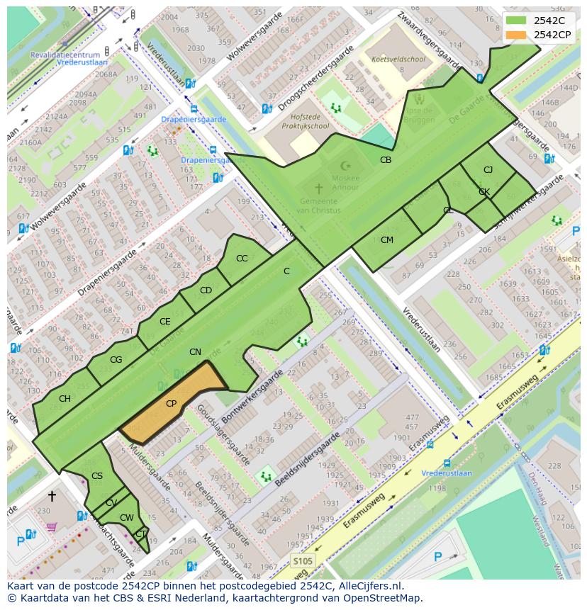 Afbeelding van het postcodegebied 2542 CP op de kaart.