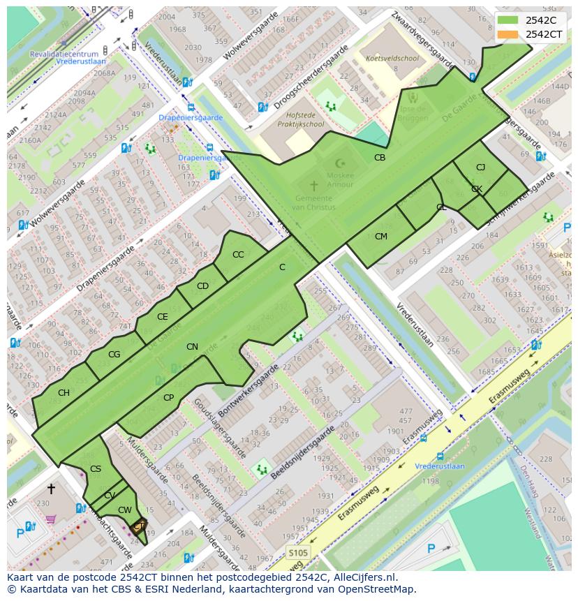 Afbeelding van het postcodegebied 2542 CT op de kaart.