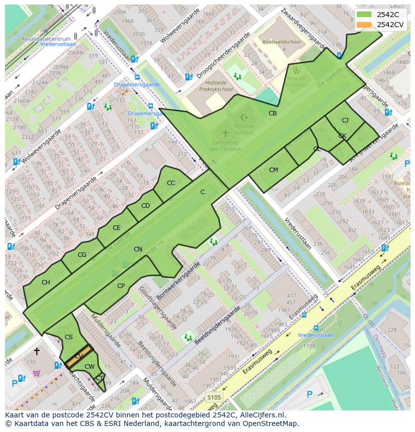 Afbeelding van het postcodegebied 2542 CV op de kaart.